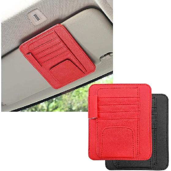 2PCS Small Leather Car Sun Visor Organizer, Multifunctional Auto Visor Document Holder With Sunglasses Clip, Universal Car Interior Organizer For