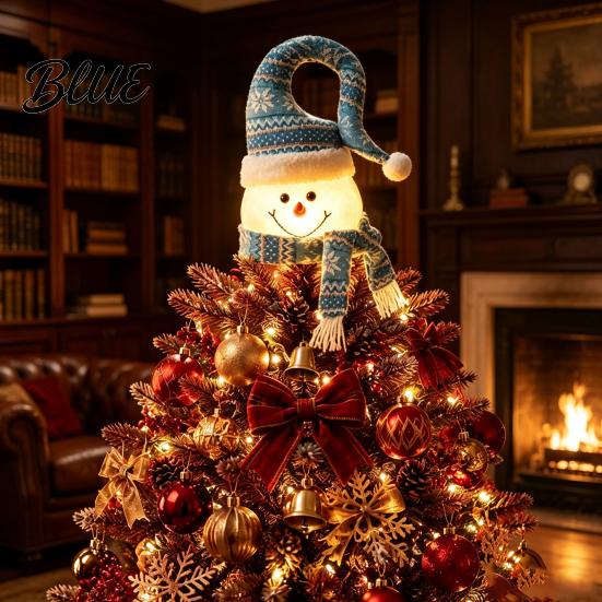 Glowing Christmas Tree Accessory Lighted Topper Snowman Star Hat with LED Light Gift for Family Winter Holiday Decor Home And Indoor Top Decoration