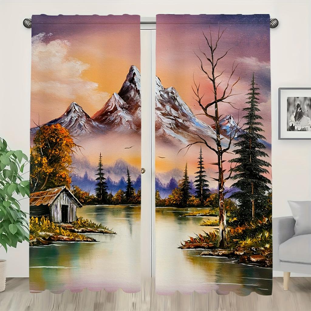 2pcs Semi-Blackout Curtain Japanese Landscape & Torii Gate Design Polyester Woven Contemporary Style Machine Washable Rod Pocket