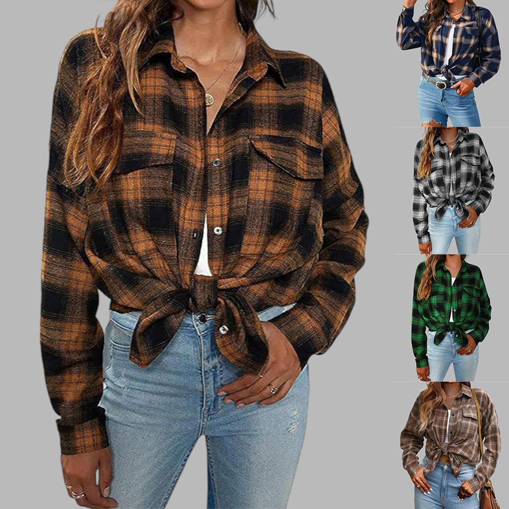 

Женские рубашки с длинным рукавом в клетку с отложным воротником, блузки, женские повседневные свободные топы
