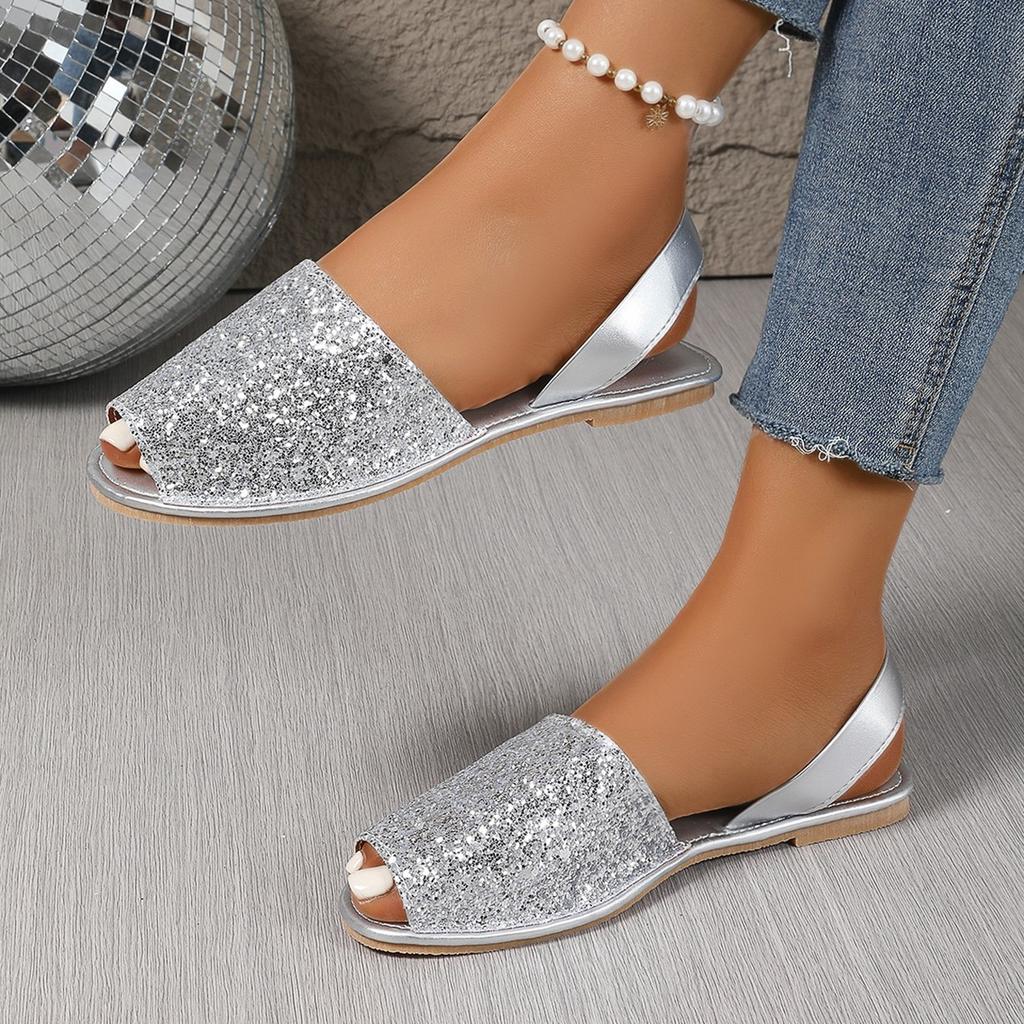 Large Size Ladies Shiny Flat Sandals Sequins Simple Fish Mouth Flat Beach Sandals