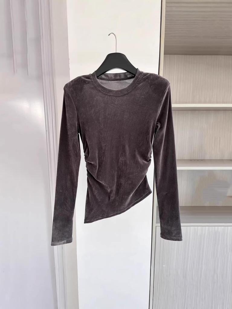 Damen Luxe Samt Langarm-T-Shirt – 2026 Rundhals Schmale Passform für den frühen Frühling/Herbst