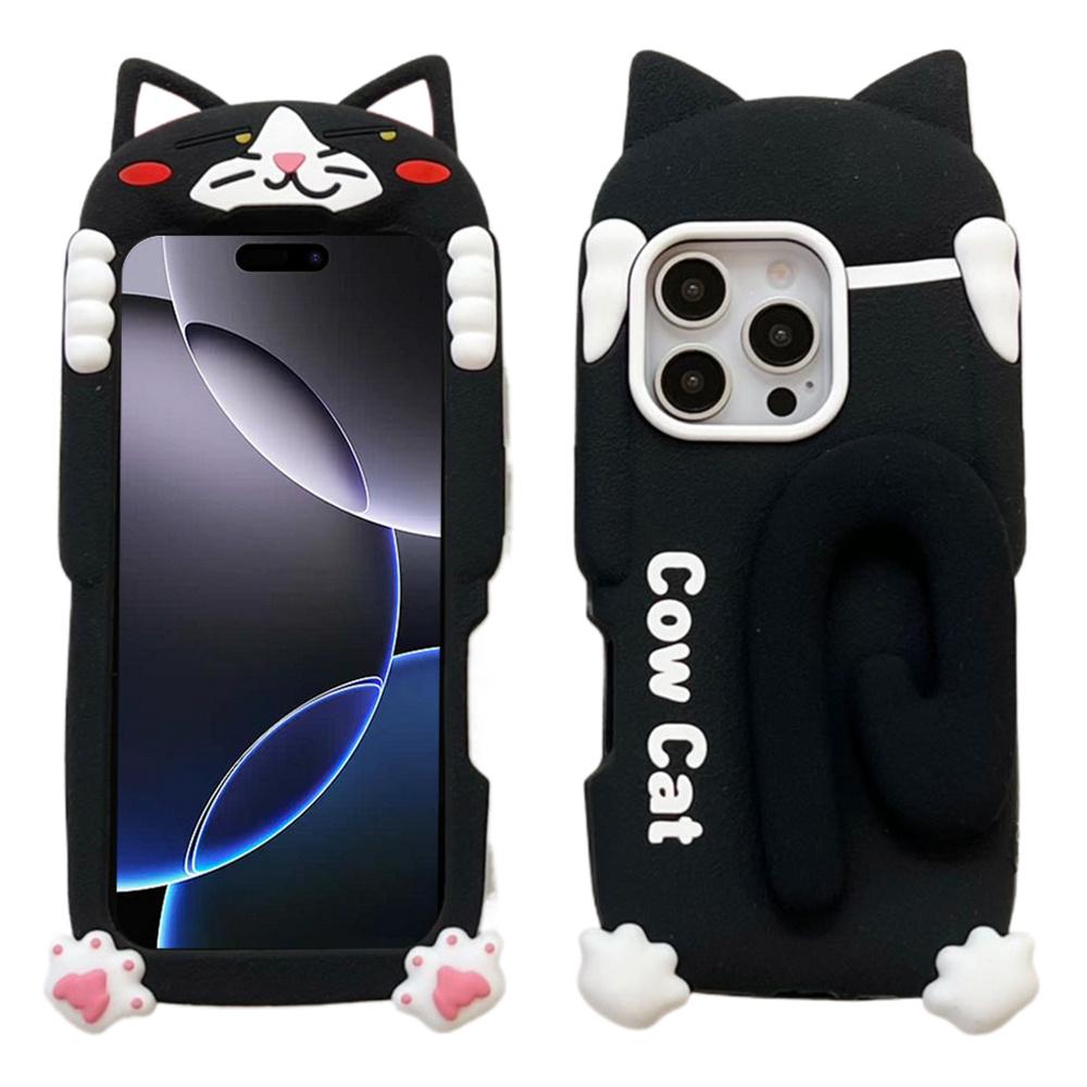 

For iPhone 16 Pro Max Silicone Case Cow Cat Tail Kickstand Anti Drop Phone Back Cover As Shown A