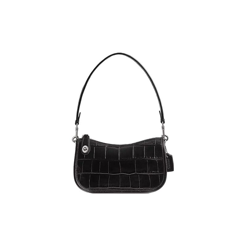 

COACH Swinger 20 solid color card slot zipper closure crocodile embossed leather cowhide hand shoulder bag small size women s black чорний