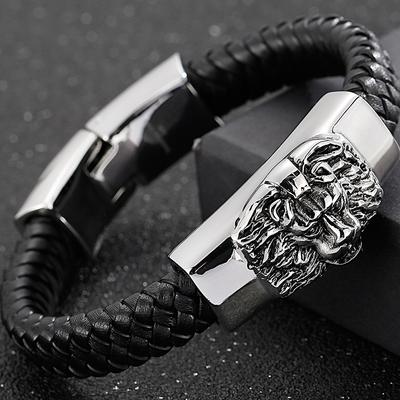 Punk Rock Stainless Steel Lion Head Bracelet Men 11MM Wrap Leather On Hand Bands Accessories for Men Mannen Armband