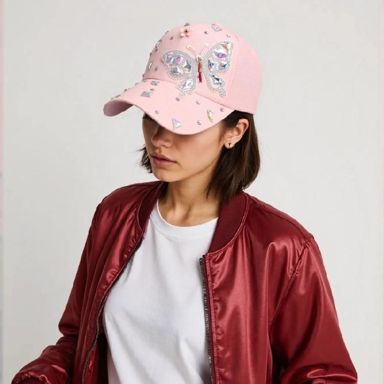 Elegant Crystal Baseball Hat for Women Breathable Sun Protective Hat with Butterfly Design for Vacation Spring Headwear