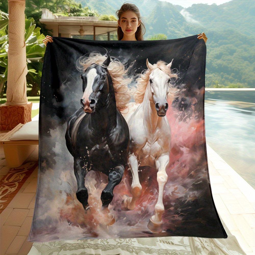 1pc Black And White Horses Printed Blanket, Four Season Blankets Suitable For Sofas, Beds, Living Rooms, Travel, Outdoor Camping