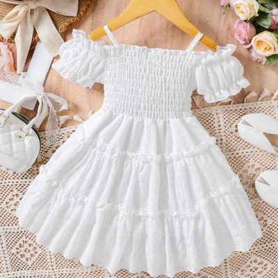 Robe plissée à bretelles pour filles, manches bouffantes d'été, couture décontractée, robes de princesse de gâteau, vêtements pour bébés de 2 à 8 ans