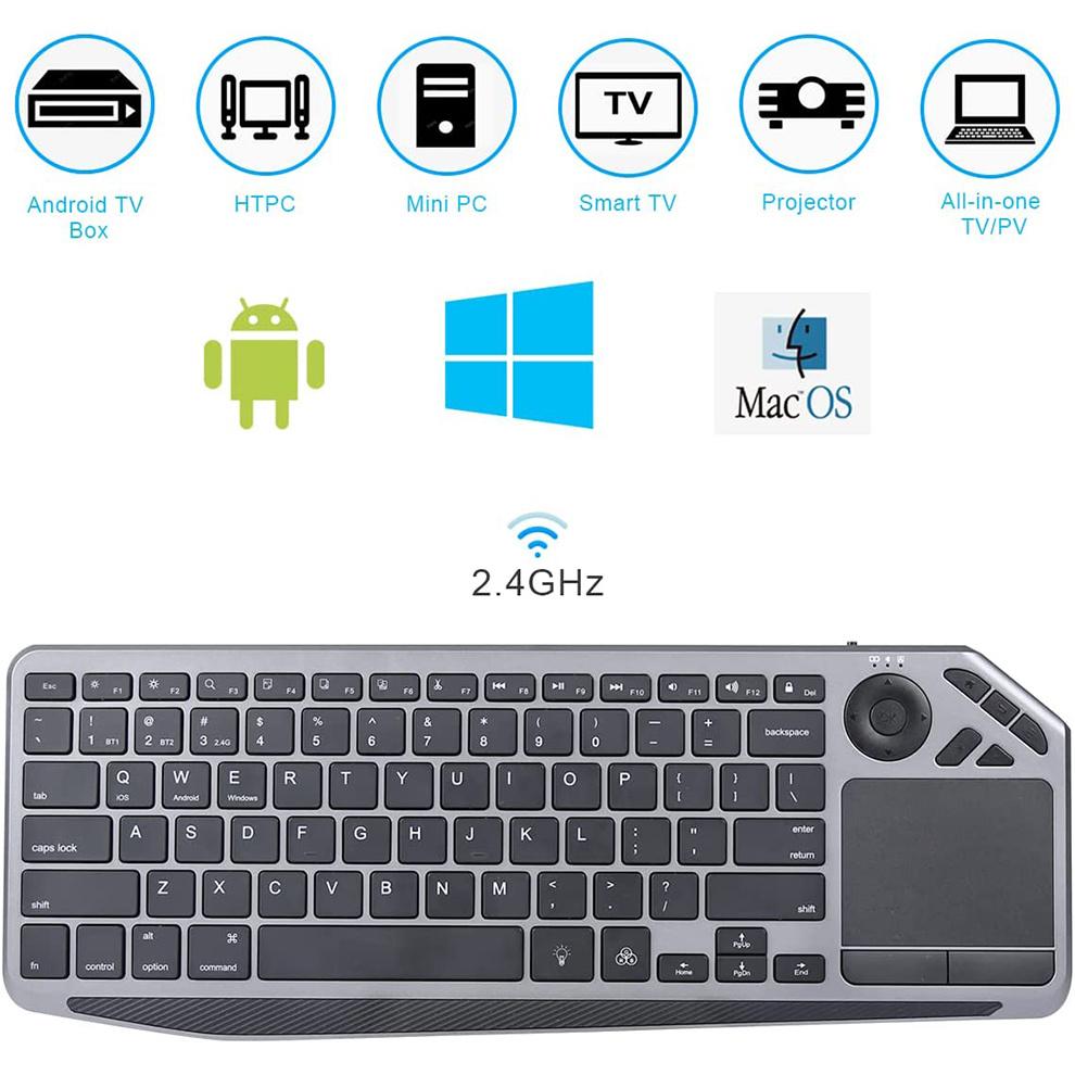 2.4G Wireless TV Keyboard with Touchpad 7-Colors Backlit Bluetooth Keyboard Rechargeable Keyboard for Smart TV iOS iPhone/IPad