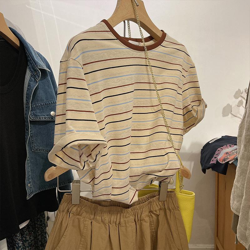 Retro Hong Kong style striped short-sleeved T-shirt women's half-sleeved design sense loose and thin summer new pure cotton top