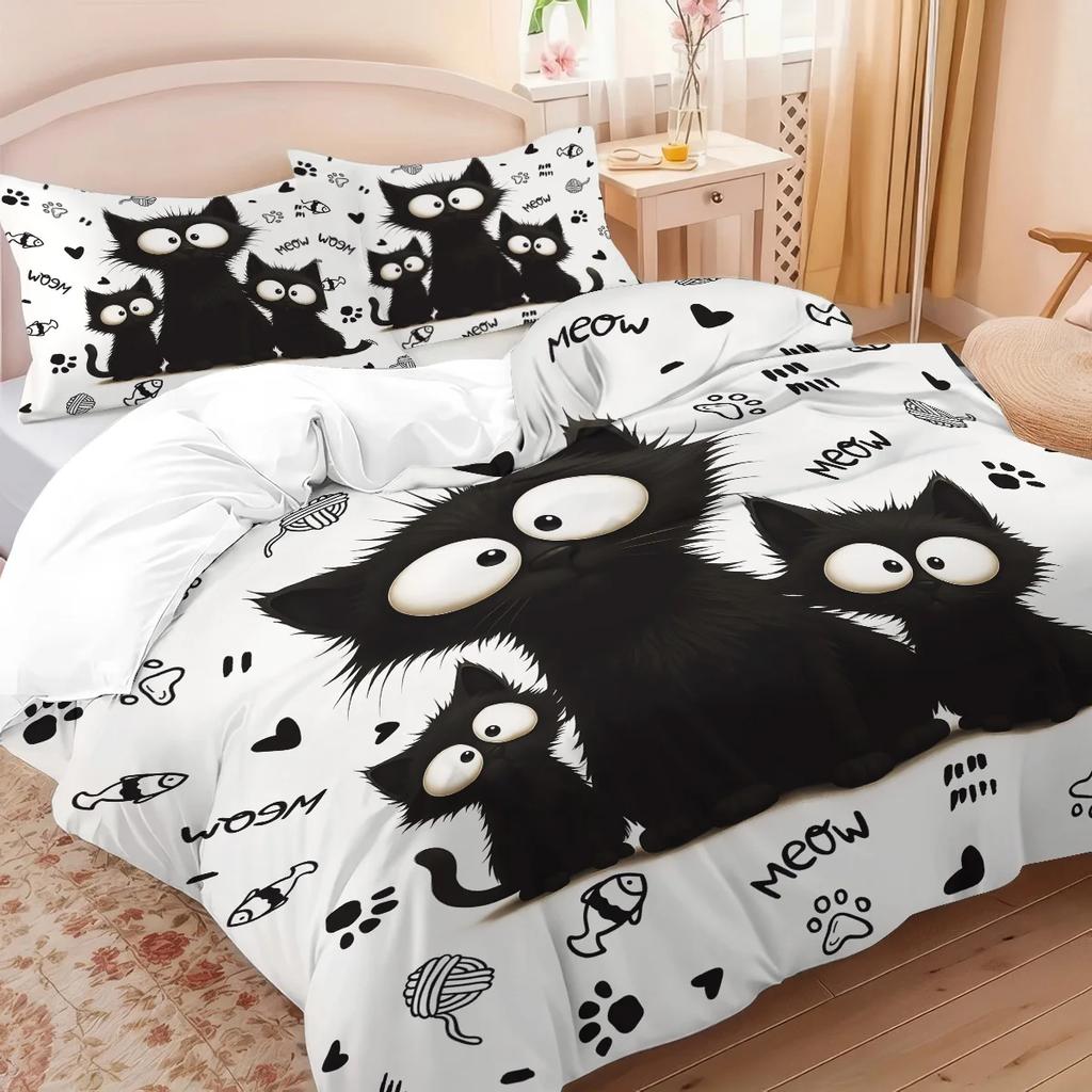 Set Biancheria da Letto Gatto Nero Stampato 3 Pezzi Senza Imbottitura, Morbido e Confortevole Multitaglia Lavabile in Lavatrice 1 Copripiumino+2 Federe