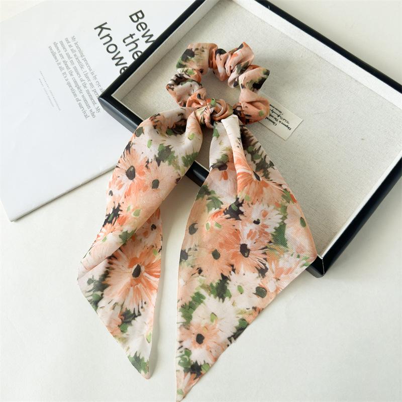 Artistic Oil Painting Style Ribbon Scrunchies Colorful Floral Print Hair Ties With Long Streamer Elegant Headwear For Art Lovers