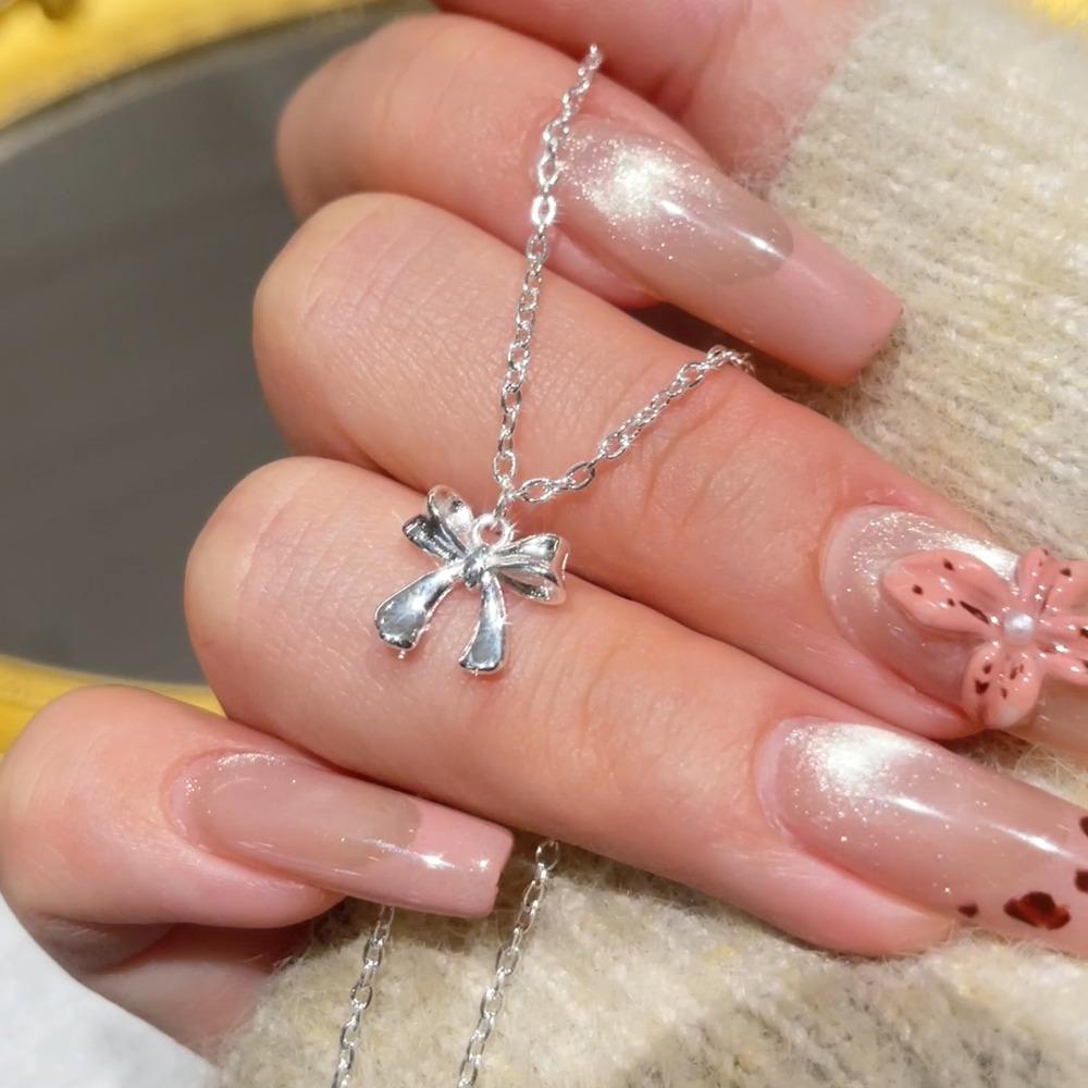Korean Simple Sterling Silver Bowknot Pendant Necklace for Women Sweet Collar Chain Valentine's Day Gift Jewelry Accessories