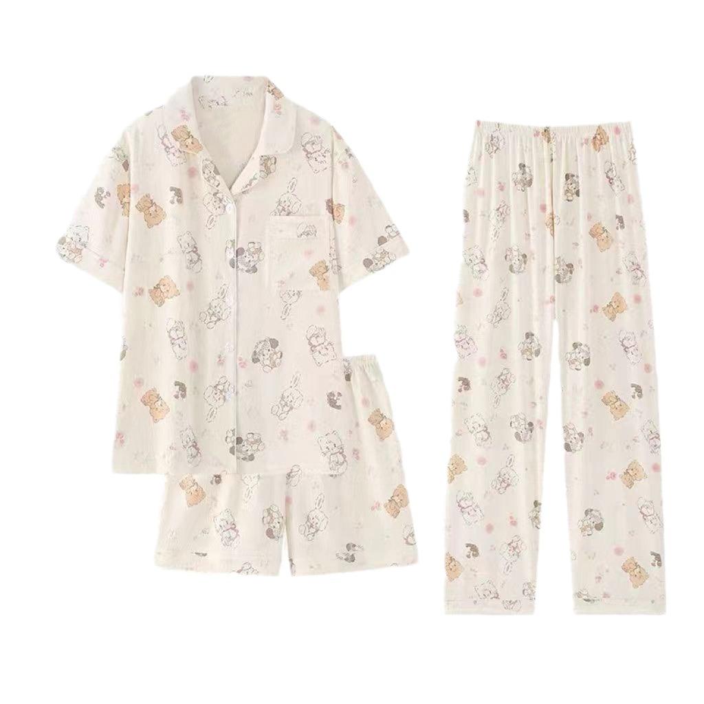 Mikko summer three-piece pajamas women's pure cotton short-sleeved trousers ins Japanese summer spring and autumn loungewear set