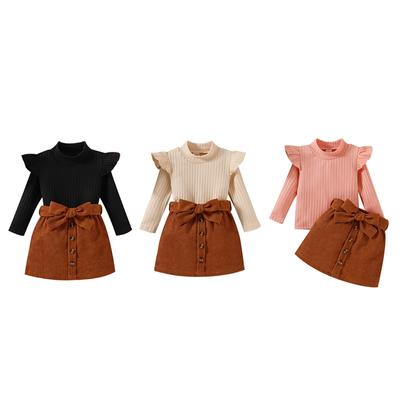 Baby Girls Ruffle Turtleneck Top and Front Button Bow Skirt 2pcs Set