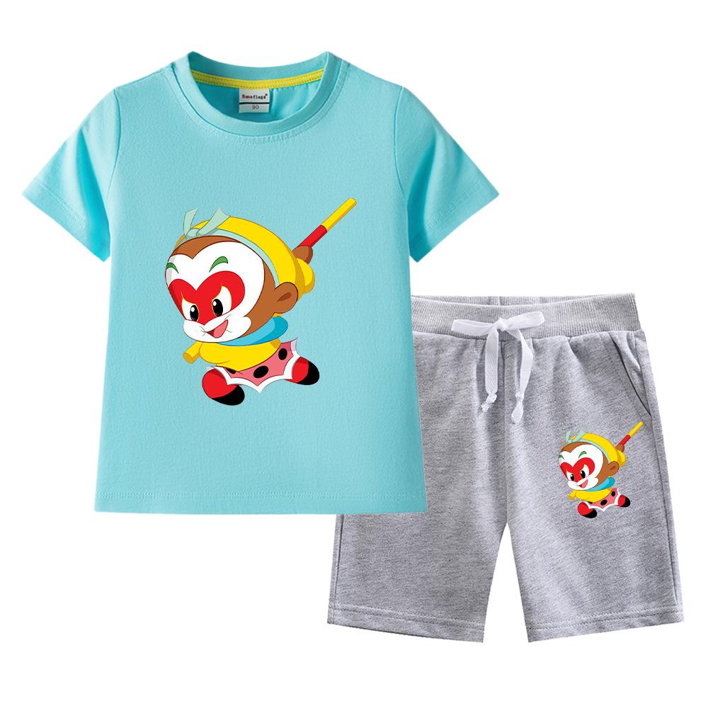 Sun Wukong Boys' Summer 2023 Cotton Outfit: Short Sleeve T-shirt & Shorts Two-Piece Set