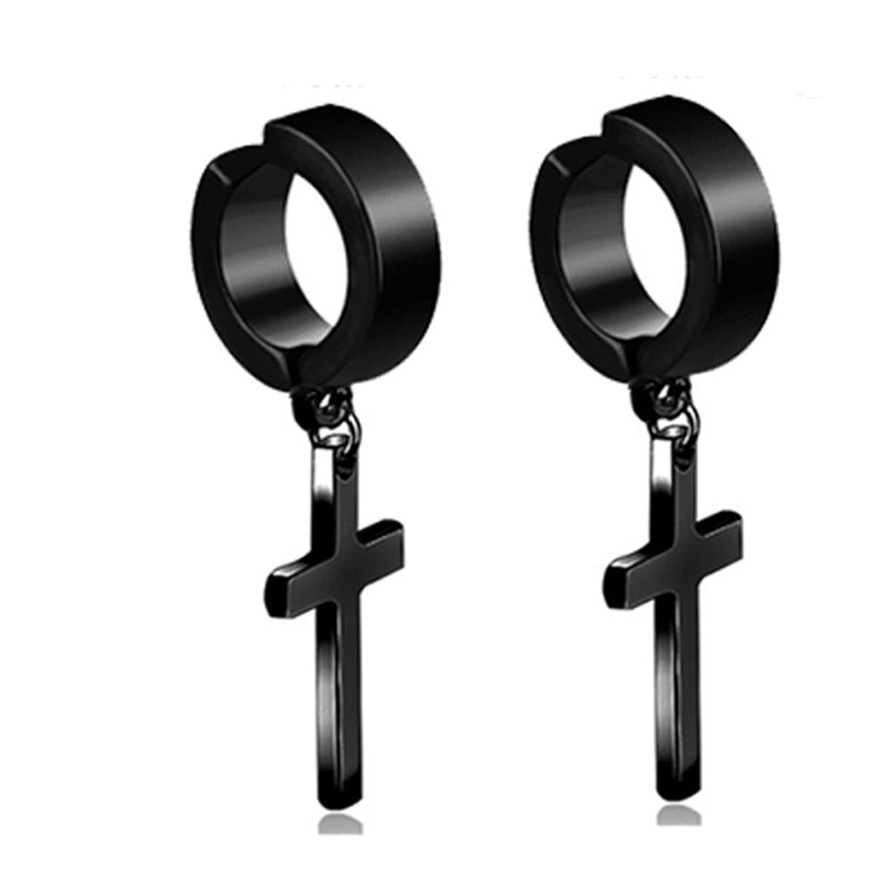WKOUD 2PCS Stainless Steel No Piercing Cross For Men Kpop Clip On Cross Earring Gothic Punk Fake Ear Cuff Cross Earring Dangle
