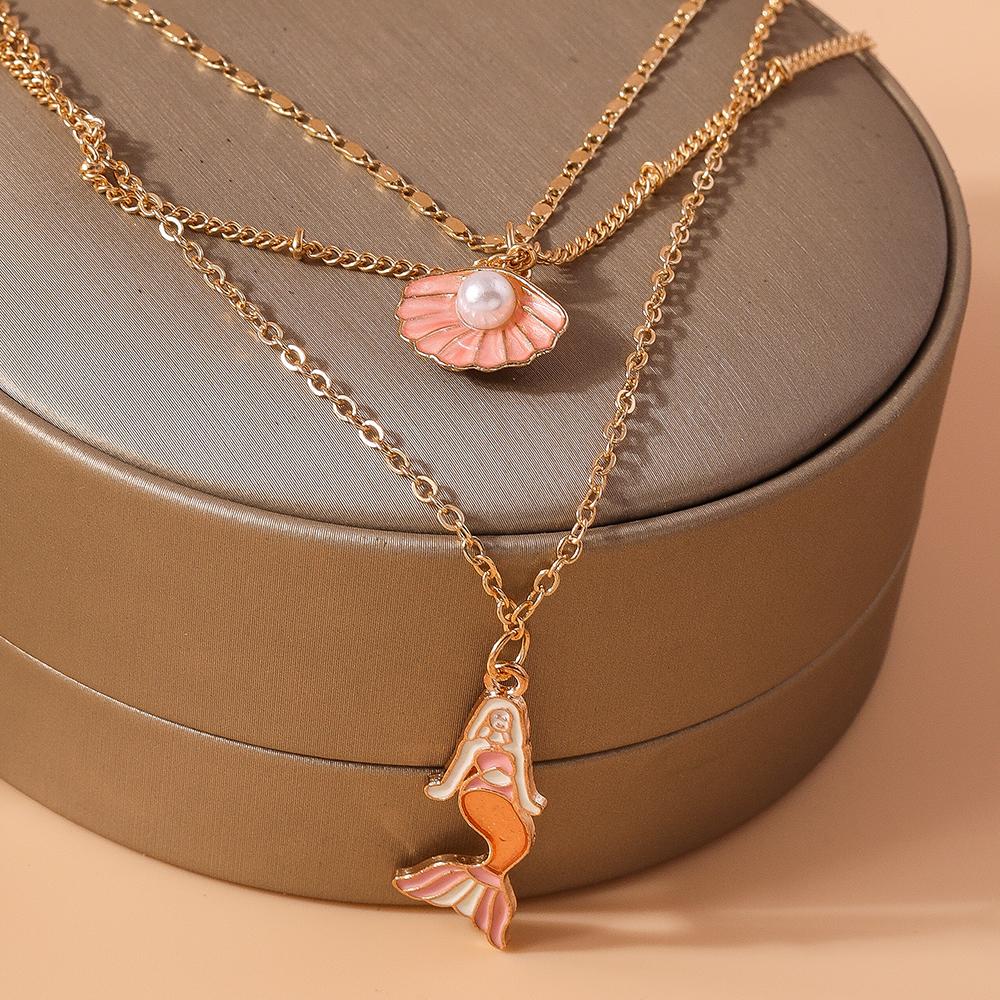 Fashion Shell Mermaid Pendant Necklaces Women Girls Multilayer Chain Necklace Party Holicay Jewelry Gifts