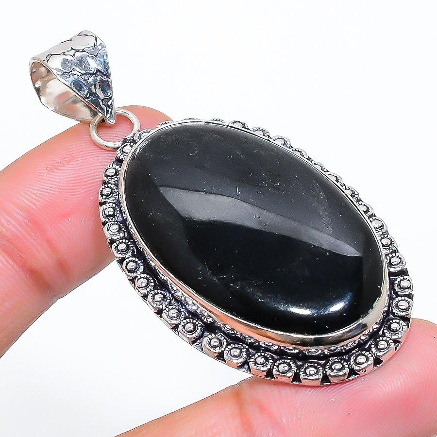 Black Onyx Gemstone Handmade 925 Sterling Silver Jewelry Pendant 2.32" SU-10785