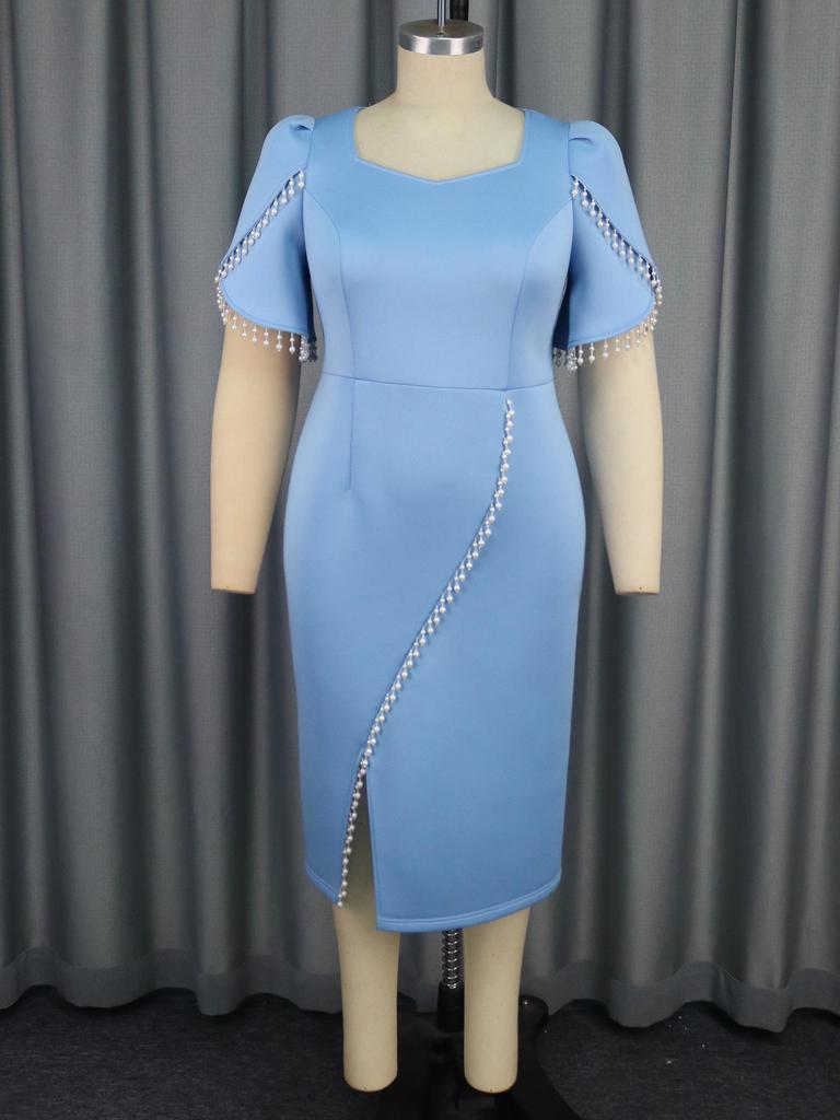 Storlek Dam Pärlbeströdd Puffärmad Fyrkantig Halsringning Elegant Bodycon-klänning