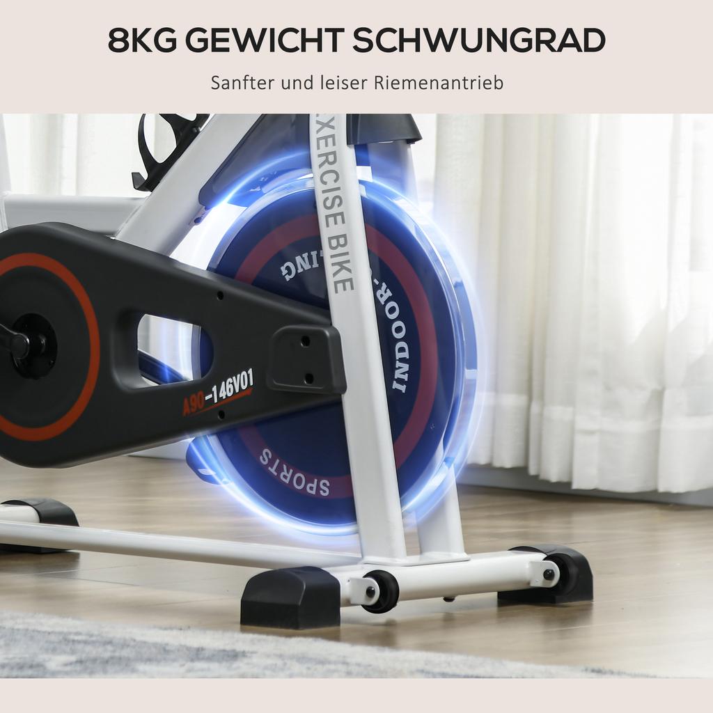 Exercise Bike, 8kg Flywheel Stationary Bike Indoor Cycling Machine with Adjustable Resistance Seat Handlebar, White