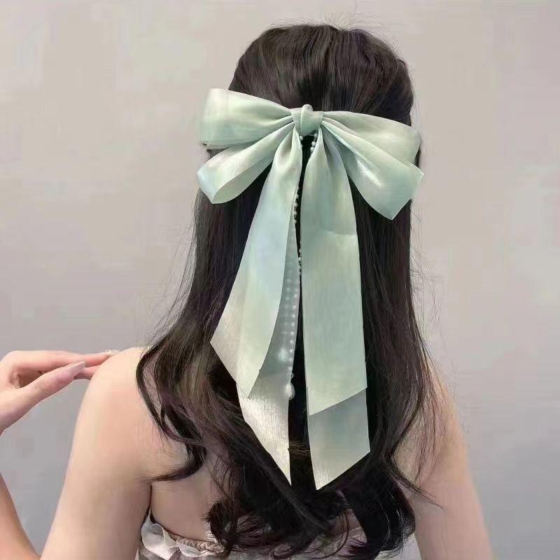 Clips de păr cu fundă șifon Femei Fundă mare Satin Agrafă de păr Fete Culoare solidă Clips coadă de cal Accesorii de păr Articole de acoperit cap Cadou