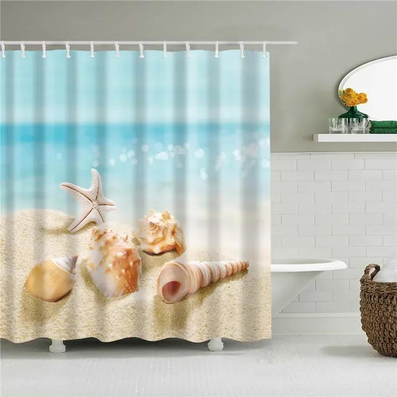3D Scenic Landscape Seaside Beach Trees Flowers Shell Bath Curtain Shower Curtains for Bathroom Waterproof Polyester Frabic Hook