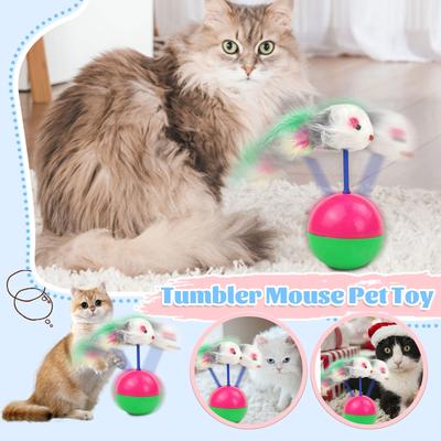 Cat Mouse Teaser Toy, Furry Tumbler Mouse Cat Toy Interactive Cat Stick, Cat Anti-Boring Feather Mouse Toy Interactive For Indoor