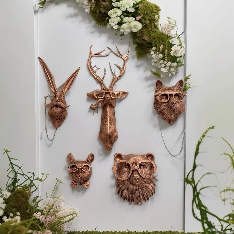 Set di 5 Decorazioni Murali Animali in Resina Vintage con Teste di Orso, Cervo, Topo, Volpe e Coniglio Decorazione per la Casa Interna, Decorazione Festiva