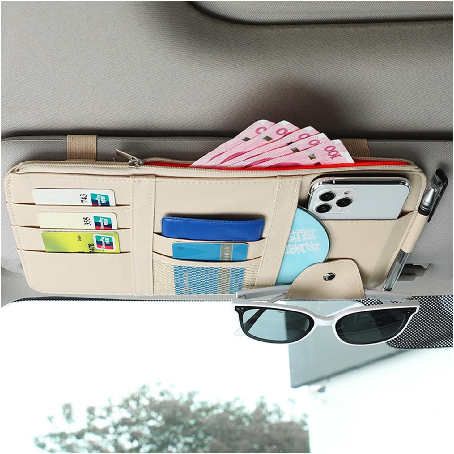 Augeny Bag, Leather Personal Item with Zipper, Sun Visor Storage Bag Sunglasses Holder, Car Interior Accessories