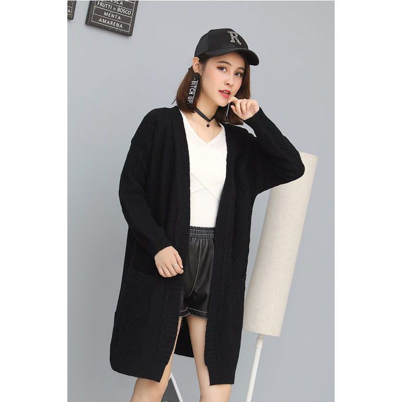 Loose V-neck Mid-length Knitted Cardigan for Women Diamond-shaped Twisted Sweater Coat Solid-color Casual Long-sleeved Cardigan