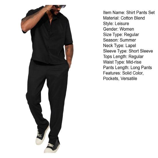 Yousheng 2Pcs/Set Men Outfit Lapel Short Sleeve Single Breasted Shirt Elastic Waist Long Pants Set Solid Color Loose Fit Casual Outfit