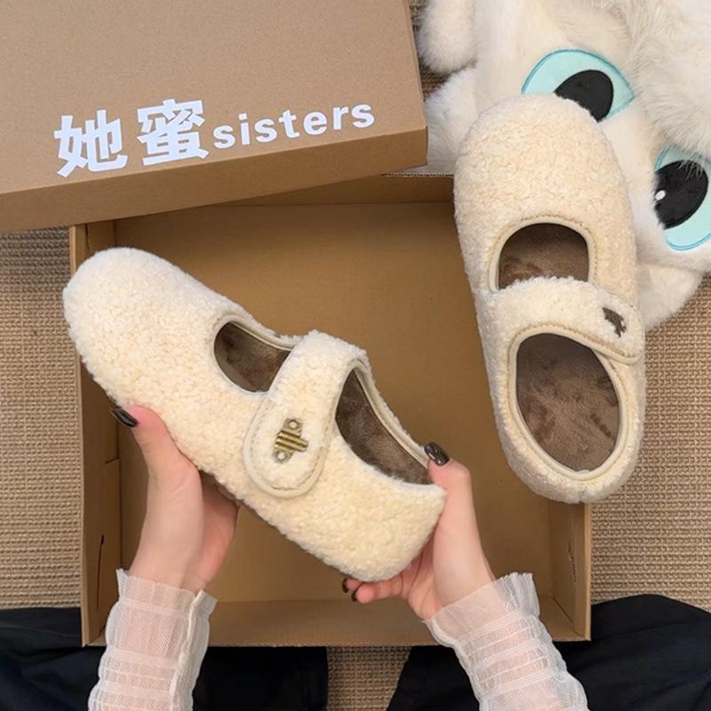Klittenband grijze pluizige schoenen voor dames winterkleding nieuwe fluwelen enkele schoenen warme katoenen schoenen platte Mary Jane Doudou schoenen