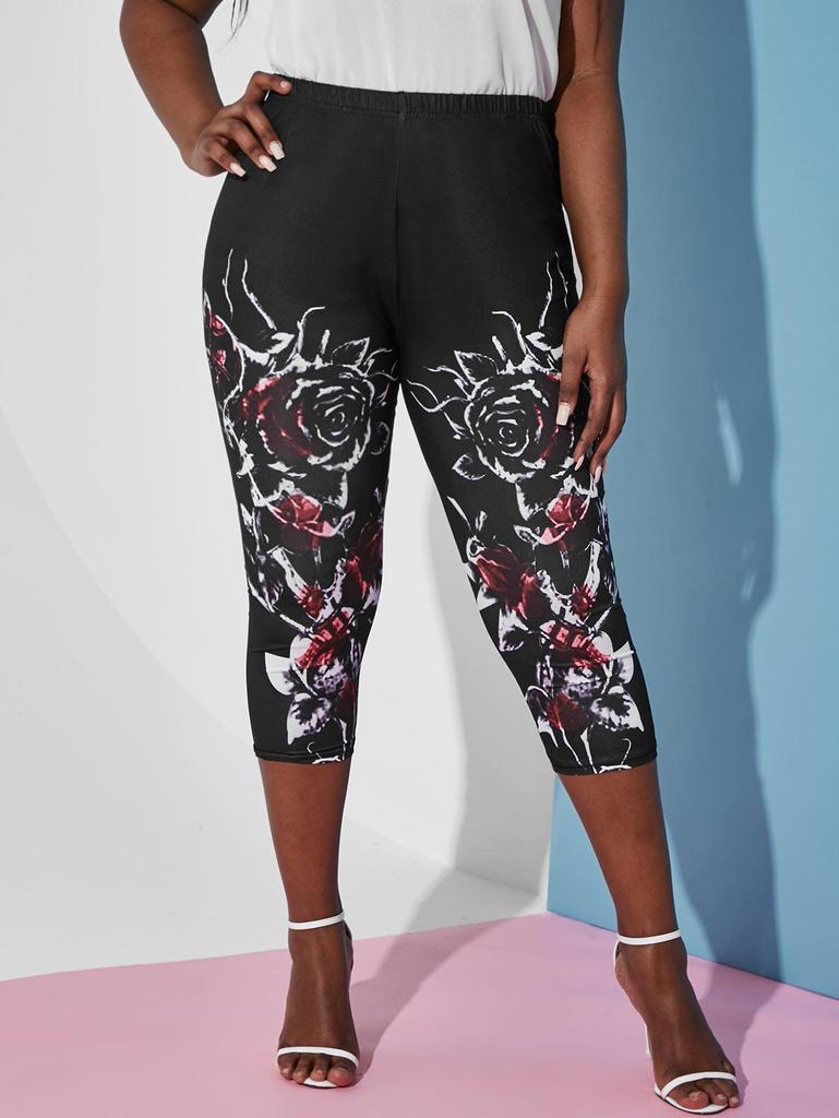Rosegal Plus Size Capri Leggings med høy stige blomsterprint