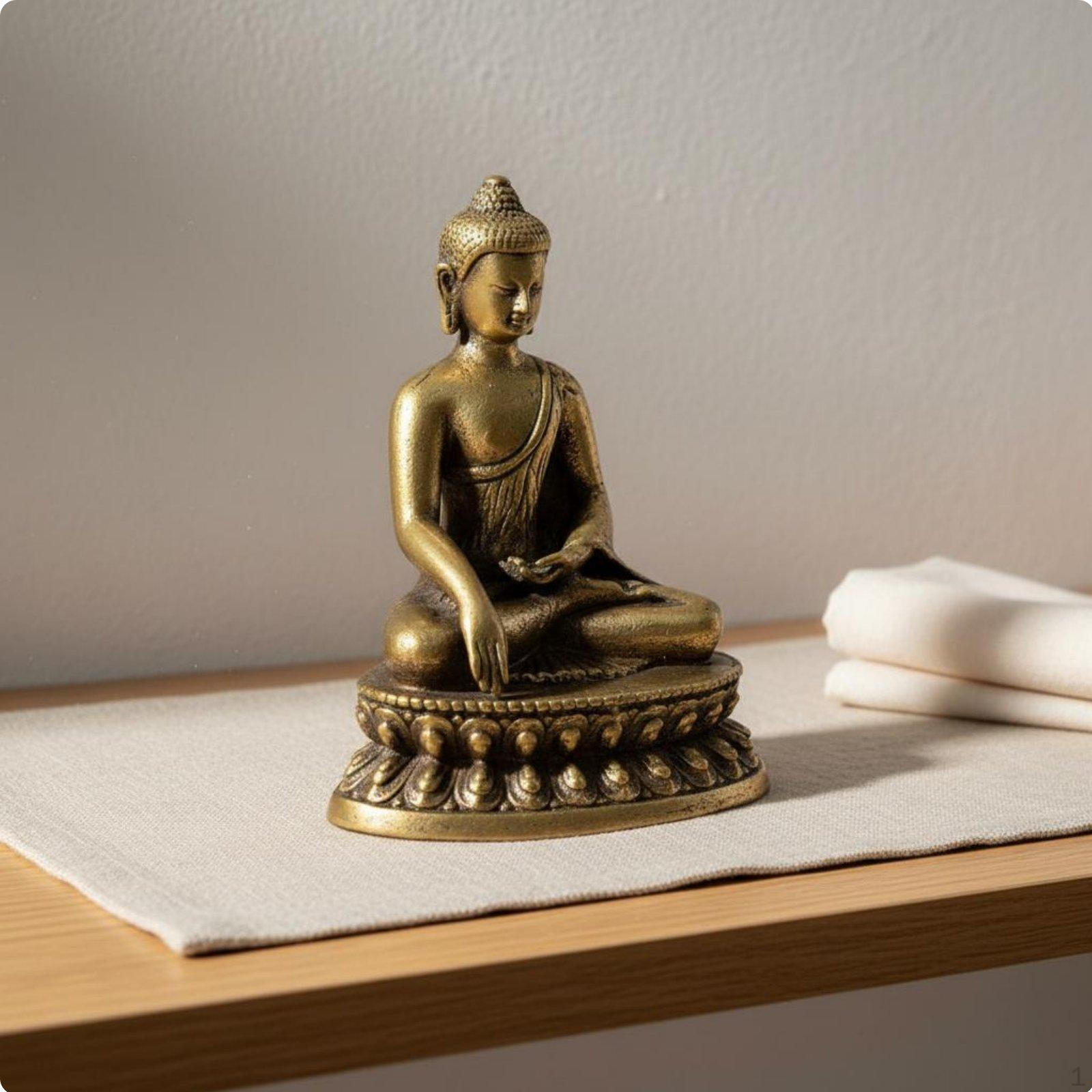 Sitting Buddha Figurine on Lotus Base Detailed Craftsmanship Mini Brass Statue Antique Finish
