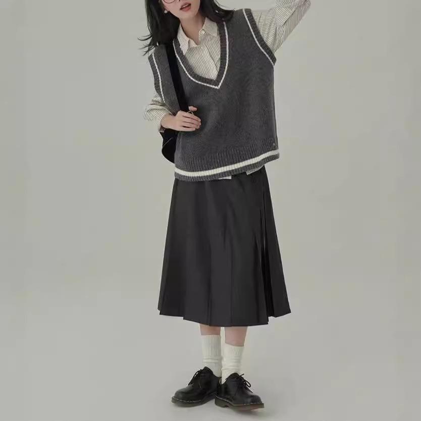 

Длинный вязаный жилет из шерстяной смеси в стиле ретро для девушек из колледжа Large жемчужный/серый