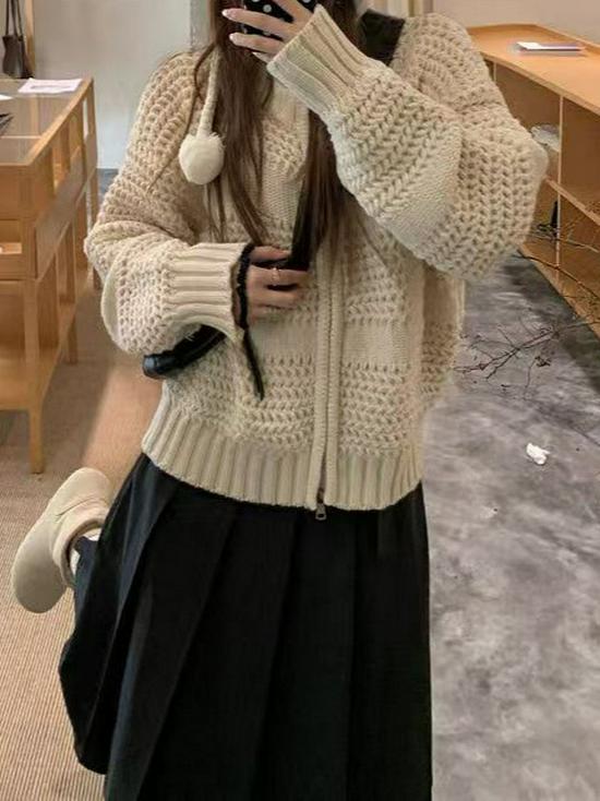 Women's Retro Korean Cable Knit Zipper Cardigan – Autumn/Winter Loose Round Neck Solid Knitwear