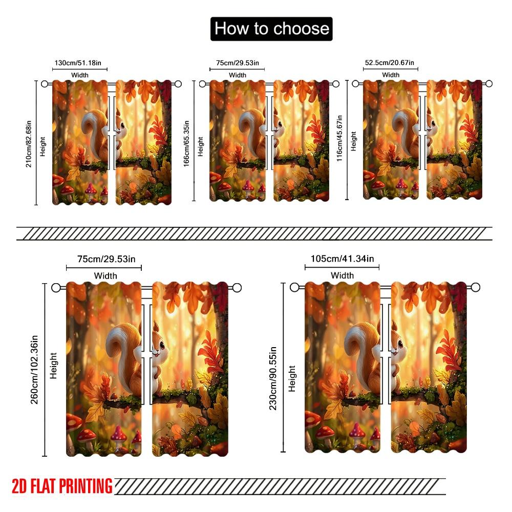 2pcs,2D Plane Printing Window Curtain Squirrel In Autumn Versatile Fabric (without Rod) All Seasons Use for Living Room & Office