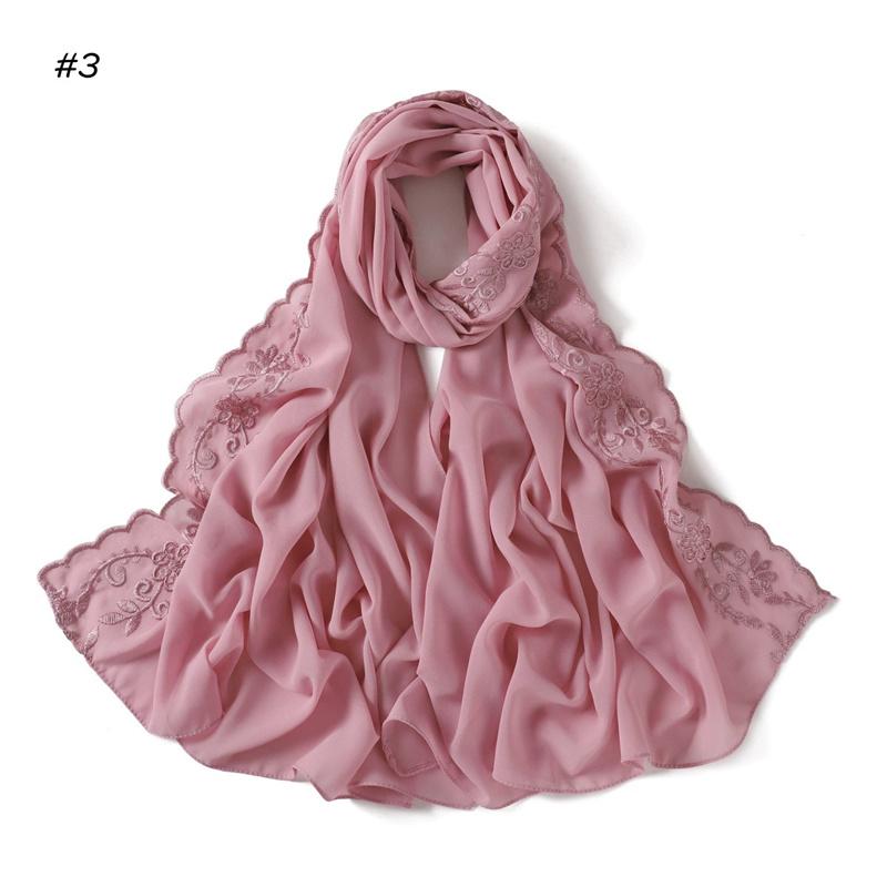 Fashion Embroider Lace Floral Bubble Chiffon Hijab Ramadan Solid Shawl Women Sunscreen Headscarf Outdoor Windproof Head Wrap