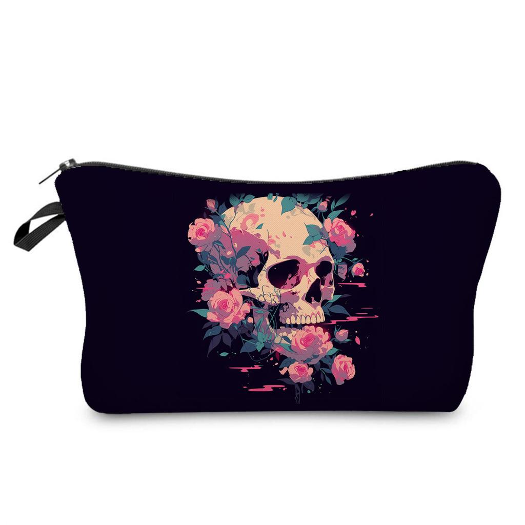 Rose Skull Printed Cosmetic Bag Classic Single Product Clutch Bag Lightweight And Durable Wash Bag