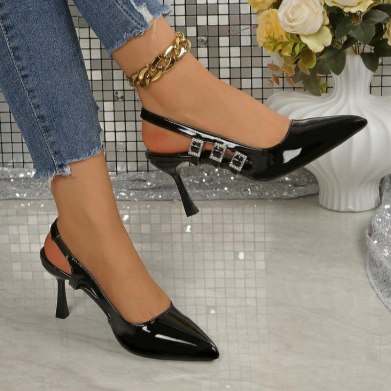 Patent leather temperament high heels French pointed toe rear empty new one-word wrapped head sandals