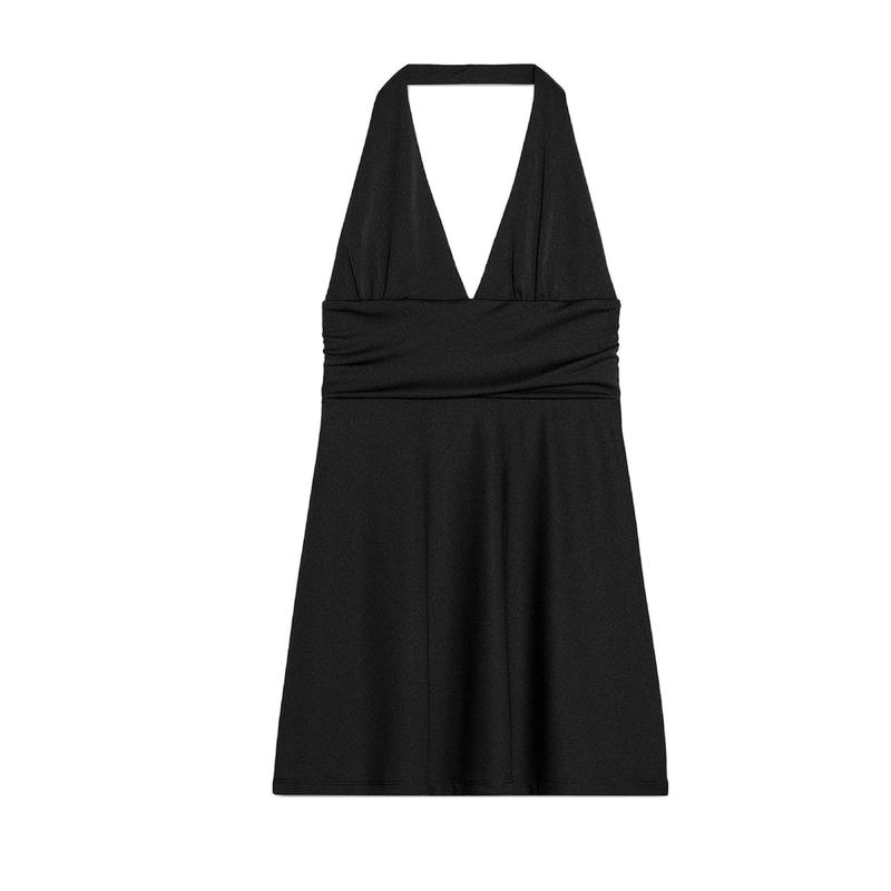 

Spring and Summer Women s Clothing Minimalist Wind Ruched Decoration Hanging Collar Open Back Elegant Short Sleeveless Dress 5039358 Black L