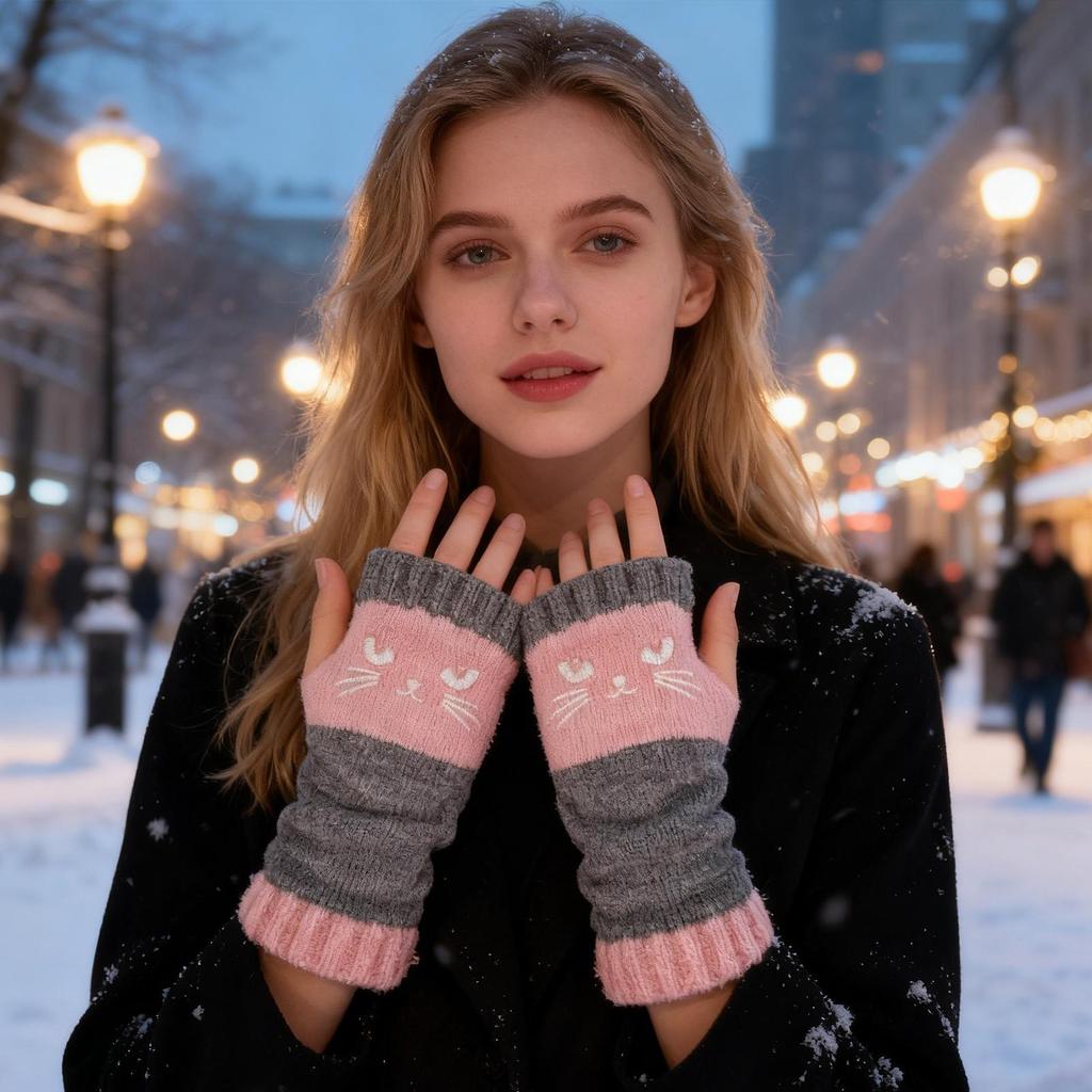 Katzenstickerei Patchwork Strickhandschuhe, Winterwarme Handschuhe, modische Fingerlose Freizeit-Damenhandschuhe Neujahrsgeschenke