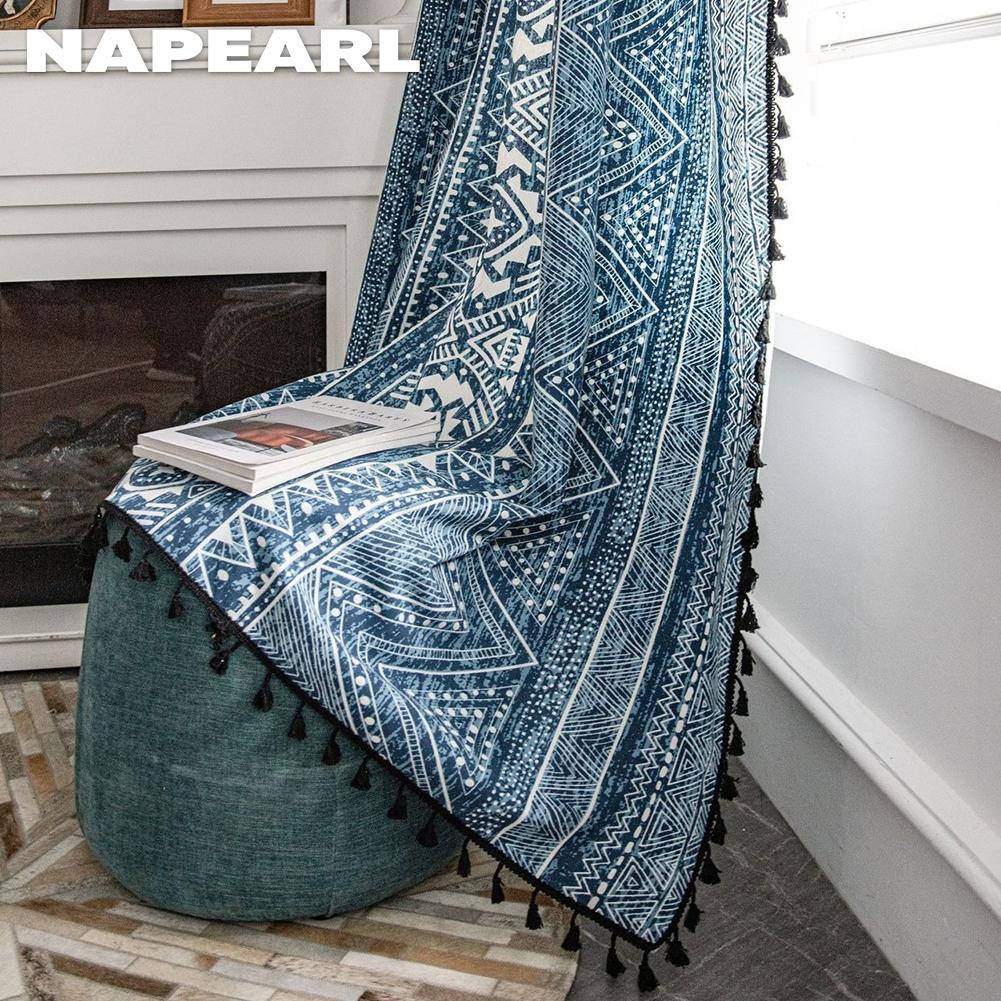 1PC NAPEARL Bohemian Style Blue Geometric Print Curtain with Fringe Semi Blackout for Small Windows Balcony Home Decor