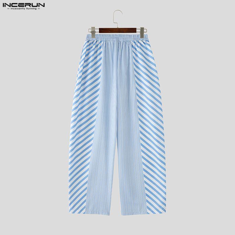 INCERUN 2 Stück Sommer Herren Kurzarm Gestreifte Nähte Hemden und Lange Hosen Übergroße Outfits Sets