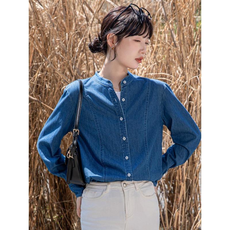 

Рубашка из китайского денима для женщин в стиле ретро в стиле Гонконга, свободная, с длинными рукавами, с воротником-стойкой XL синий