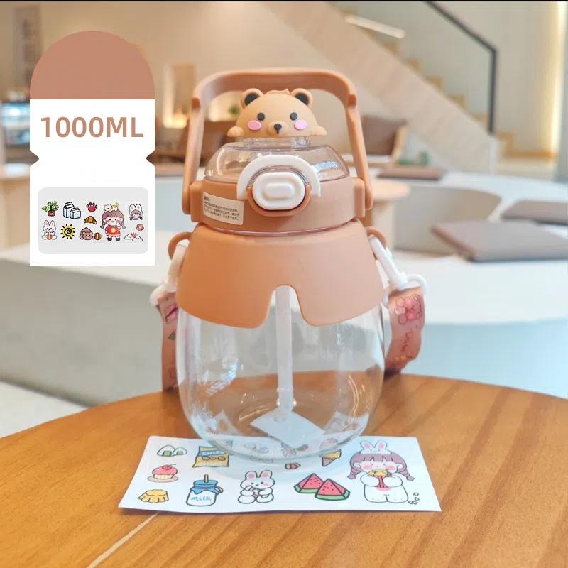 Großvolumiger Becher mit großem Bauch und Strohhalm, Tragbarer Kinder-Wasserbecher mit zwei Trinköffnungen