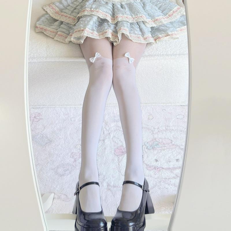 Cute Kitten White Stockings Sweet Lolita Socks Women'S Spring And Summer Thin Fake High Tube Spliced Knee Socks