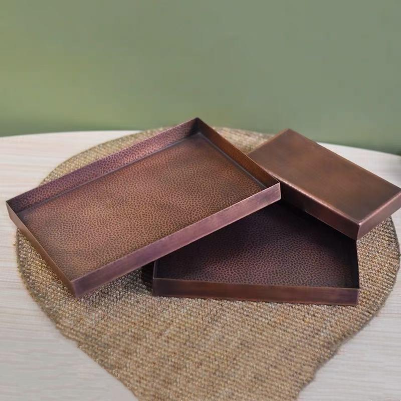 Rectangle Shape Copper Fruit Tray,Retro Engraving Hammer Texture Home Portable Food Plate,Snack Plate Table Wedding Decoration