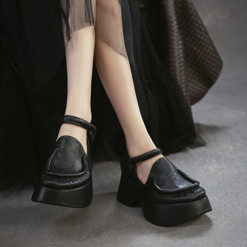Johnature Sandales en Cuir Véritable à Semelles Épaisses Bout Rond Rétro Talon Épais Chaussures Plateformes pour Femmes